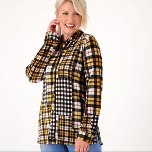 Susan Graver Weekend Plaid Knit Corduroy Button Up Shirt Gold Yellow Black XL